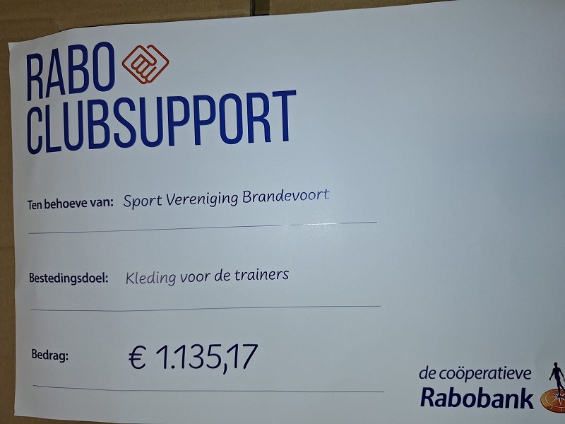 Dankzij Rabo ClubSupport € 1.135,17 voor SV Brandevoort!